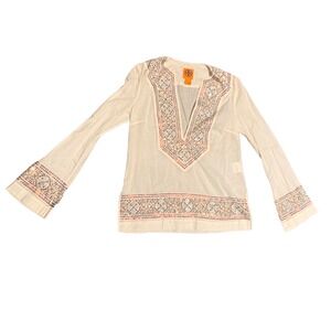 Tory Burch Sequin Embellished Tunic Top Women's Size 2 White Long Sleeve